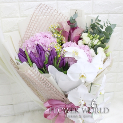 Hydrangea Tulips and Phalaenopsis Orchid Bouquet