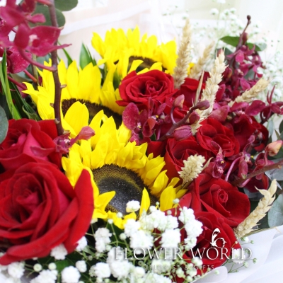 Sunflower, Roses and Orchid Bouquet