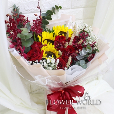 Sunflower, Roses and Orchid Bouquet
