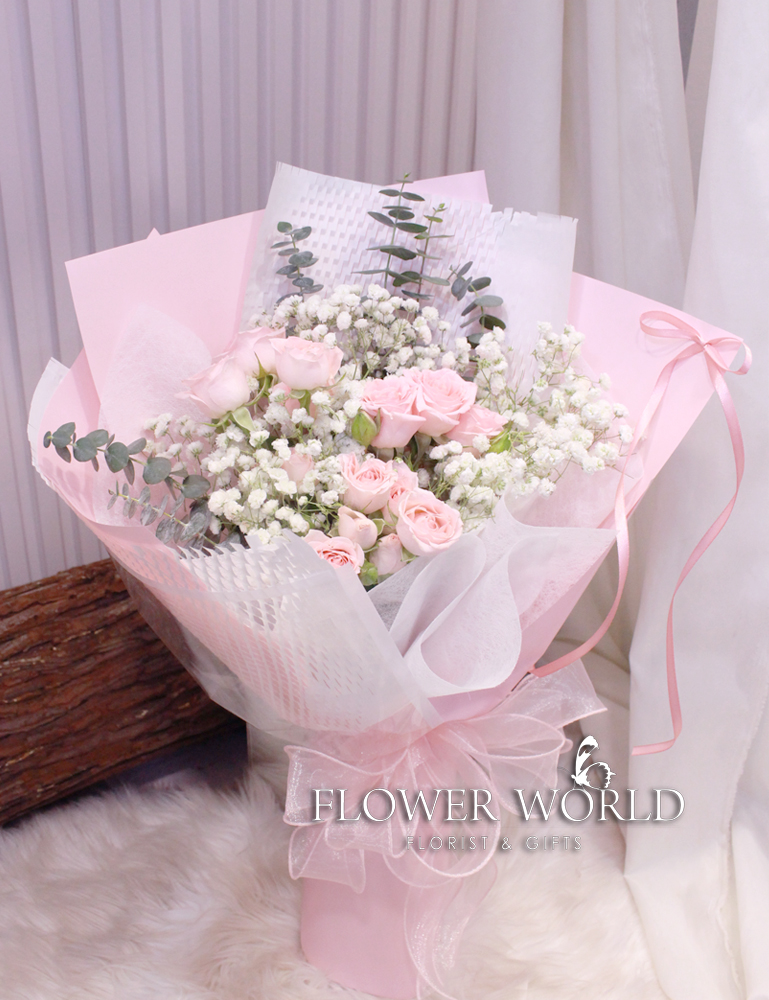 Baby's Breath and Pink Rose Spray Bouquet
