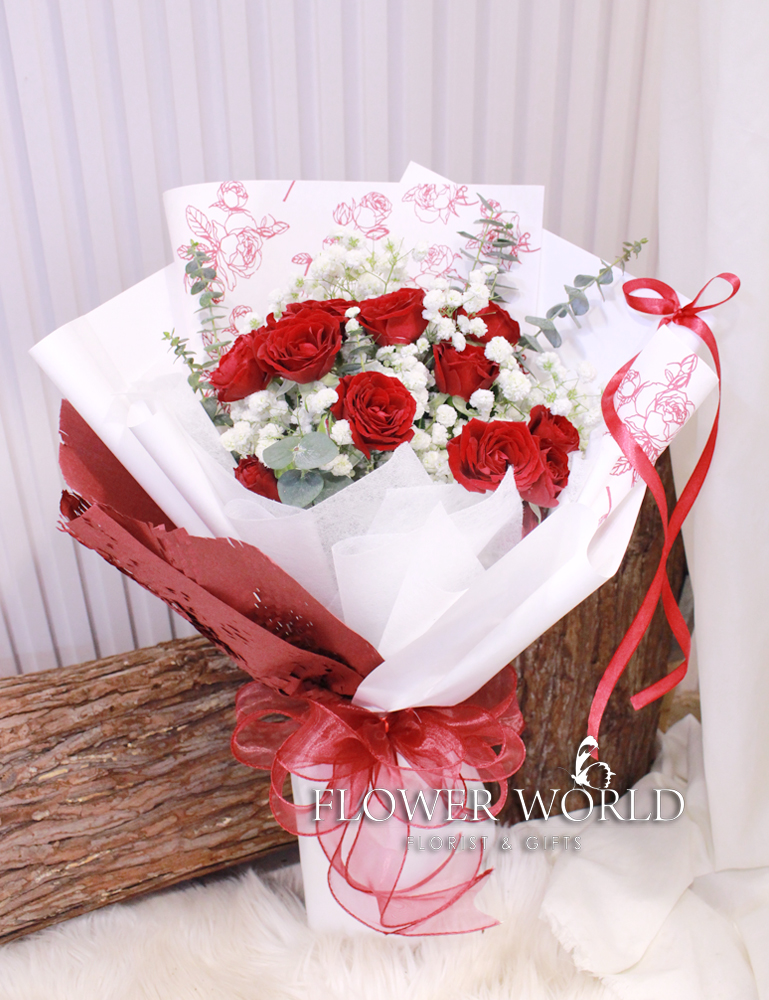 Baby's Breath and Red Rose Spray Bouquet