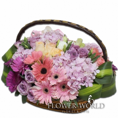 Hydrangea, Roses and Daisies Flower Basket