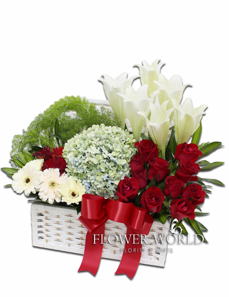 Blue Hydrangea Red Rose White Daisies Madonna Lilies Assorted