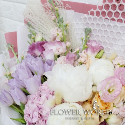 Peonies, Hydrangeas and Tulips in a bouquet